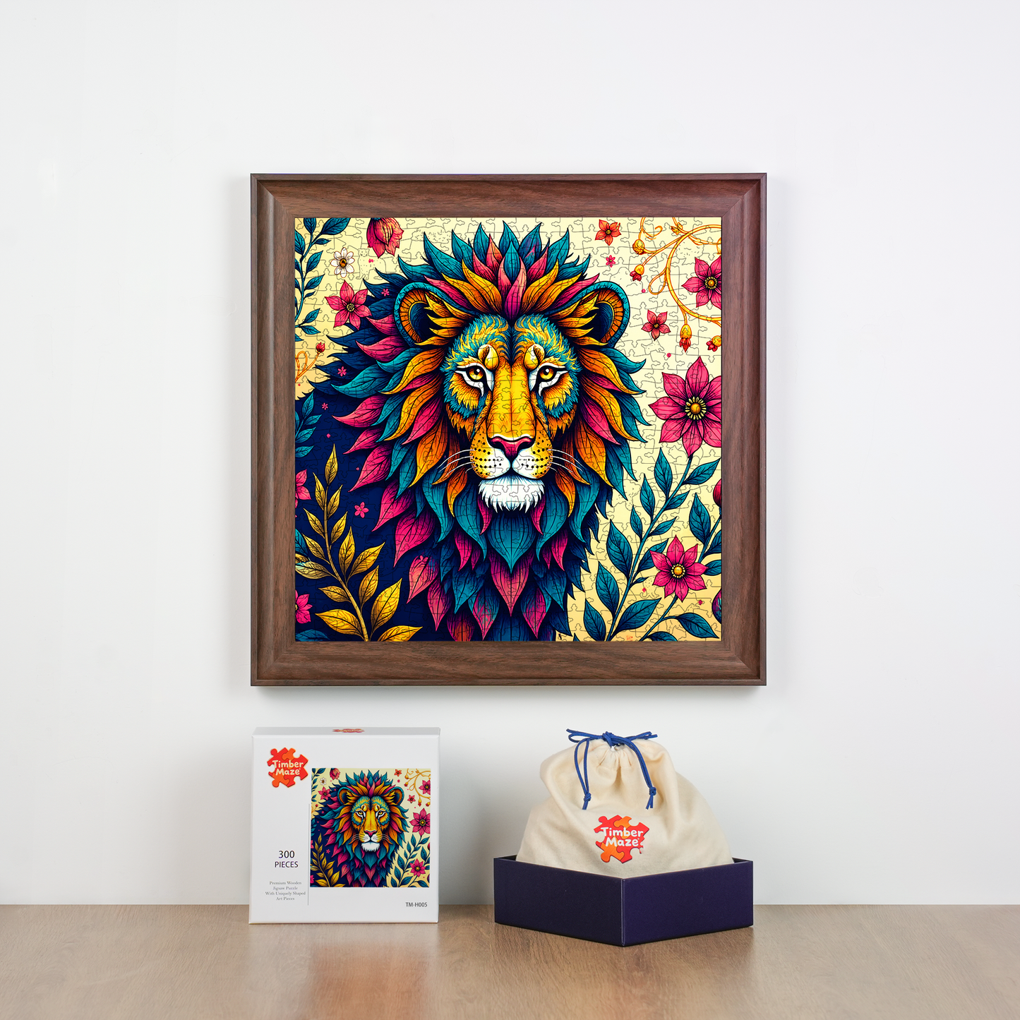 Vibrant Floral Lion - Wooden Jigsaw Puzzle