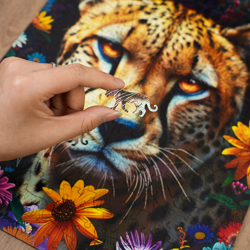 Leopard and Flowers - Wooden Jigsaw Puzzle