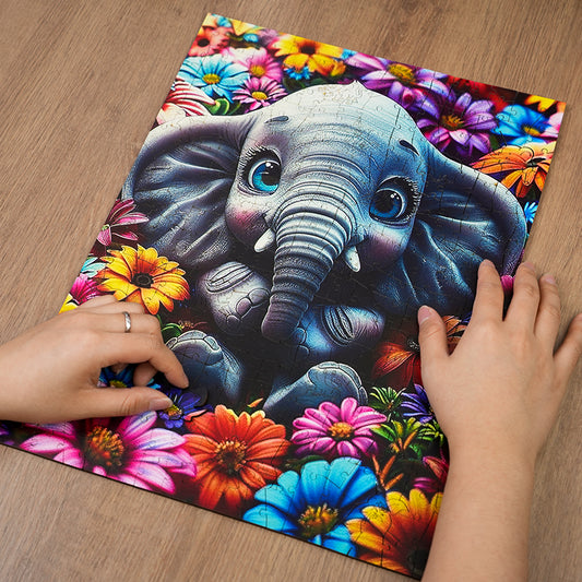 Baby Elephant with Flowers - Wooden Jigsaw Puzzle