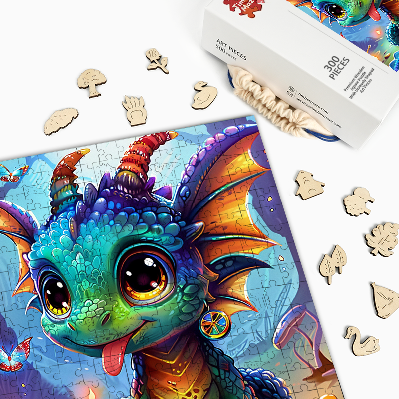 Playful Baby Dragon in Enchanted Forest - Wooden Jigsaw Puzzle