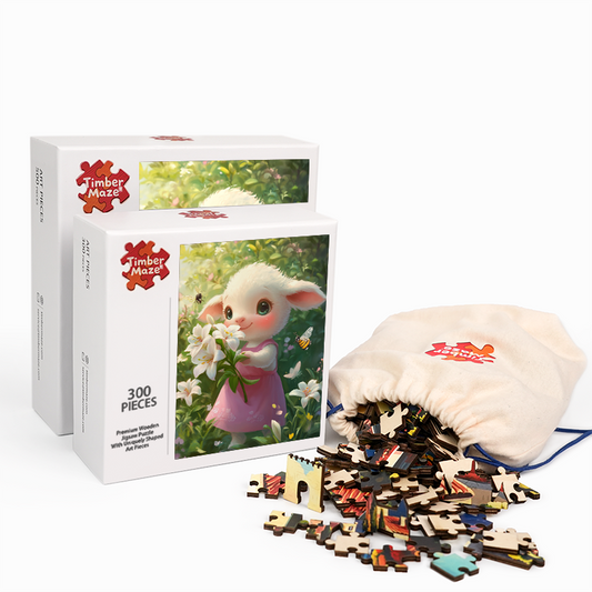 Cartoon Lamb Arranging Lilies - Wooden Jigsaw Puzzle
