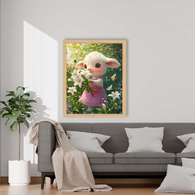 Cartoon Lamb Arranging Lilies - Wooden Jigsaw Puzzle