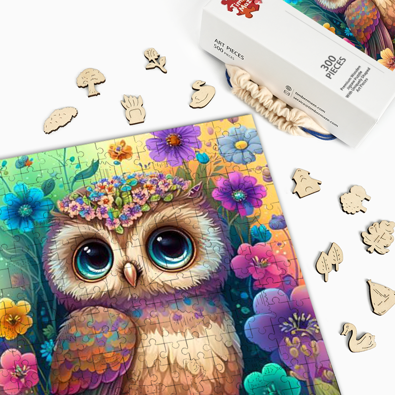 Cute fluffy baby owl - Wooden Jigsaw Puzzle