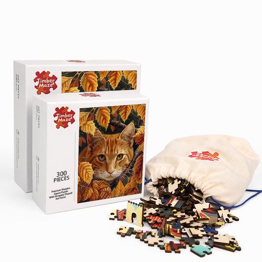 Leaves & Cat - Wooden Jigsaw Puzzle