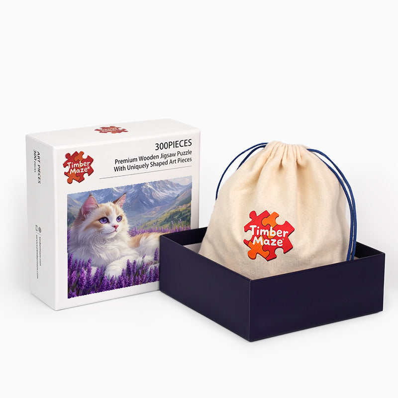 Ragdoll cat in lavender field - Wooden Jigsaw Puzzle