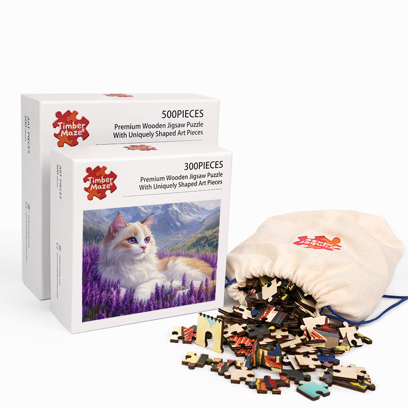 Ragdoll cat in lavender field - Wooden Jigsaw Puzzle