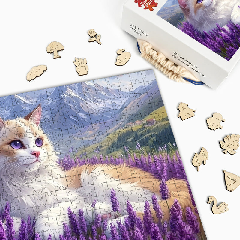 Ragdoll cat in lavender field - Wooden Jigsaw Puzzle