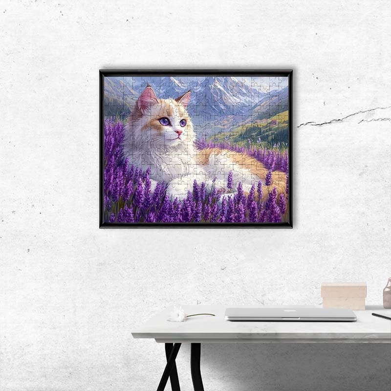 Ragdoll cat in lavender field - Wooden Jigsaw Puzzle