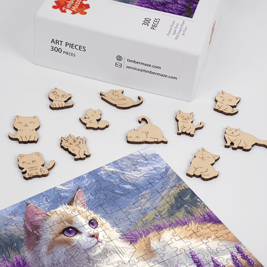 Ragdoll cat in lavender field - Wooden Jigsaw Puzzle