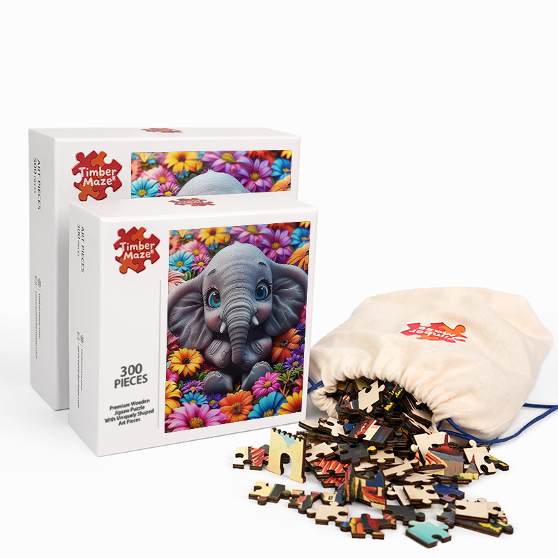 Baby Elephant with Flowers - Wooden Jigsaw Puzzle