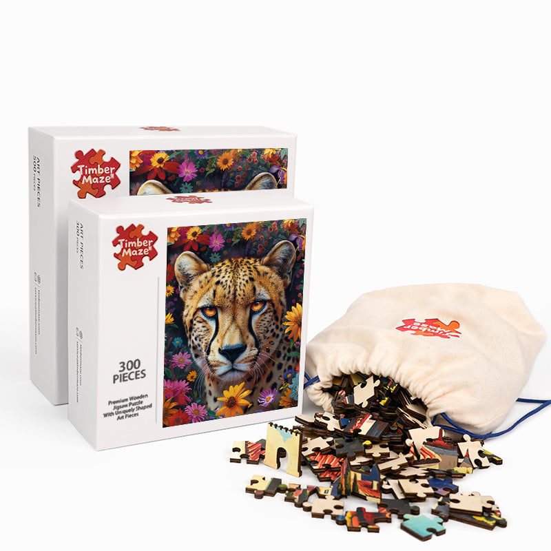 Leopard and Flowers - Wooden Jigsaw Puzzle