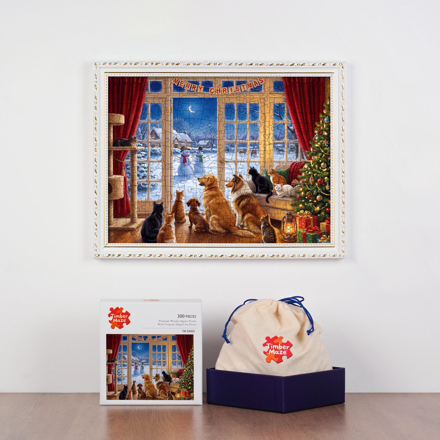 Christmas Pets by the Window - Wooden Jigsaw Puzzle