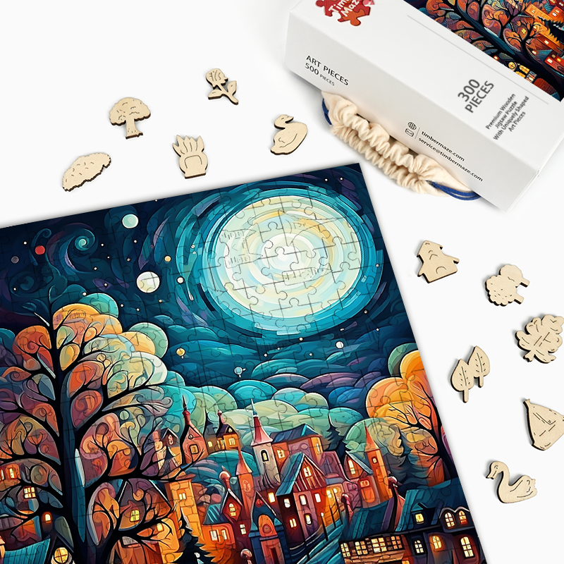 Moonlit Fantasy Village - Wooden Jigsaw Puzzle