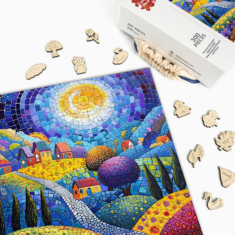 Mosaic Sunlit Village - Wooden Jigsaw Puzzle