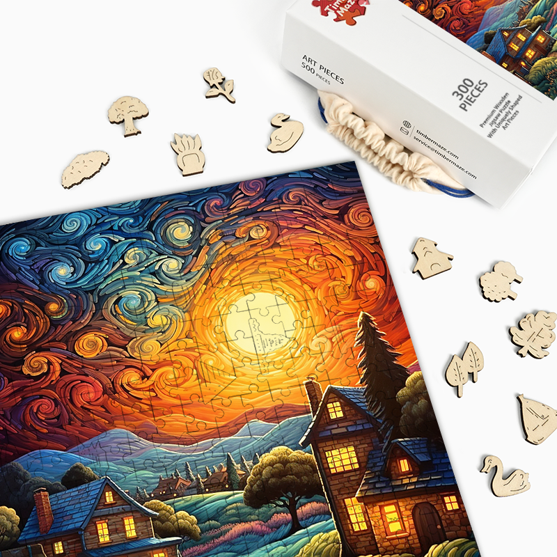 Sunset Cottages - Wooden Jigsaw Puzzle