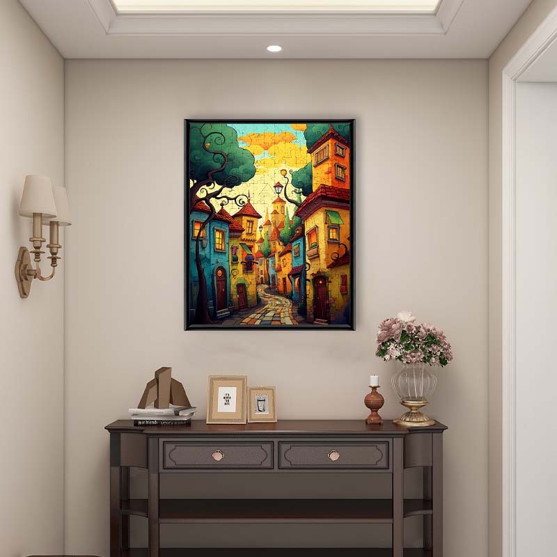 Whimsical Town Street - Wooden Jigsaw Puzzle