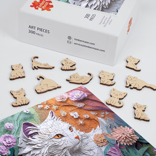 Whispers of the Paper Blossom Cat - Wooden Jigsaw Puzzle