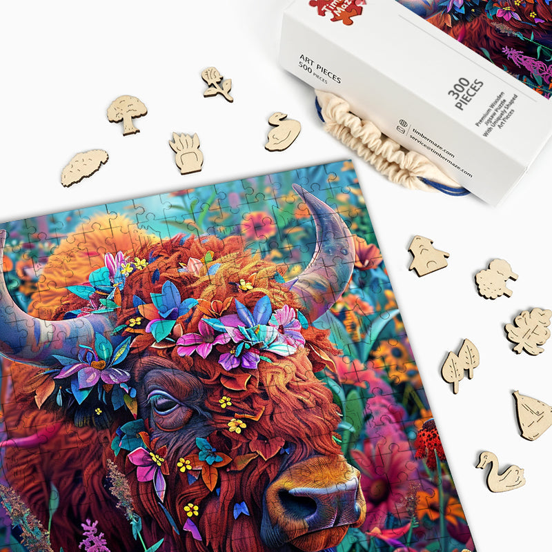 Floral Highland Cow - Wooden Jigsaw Puzzle