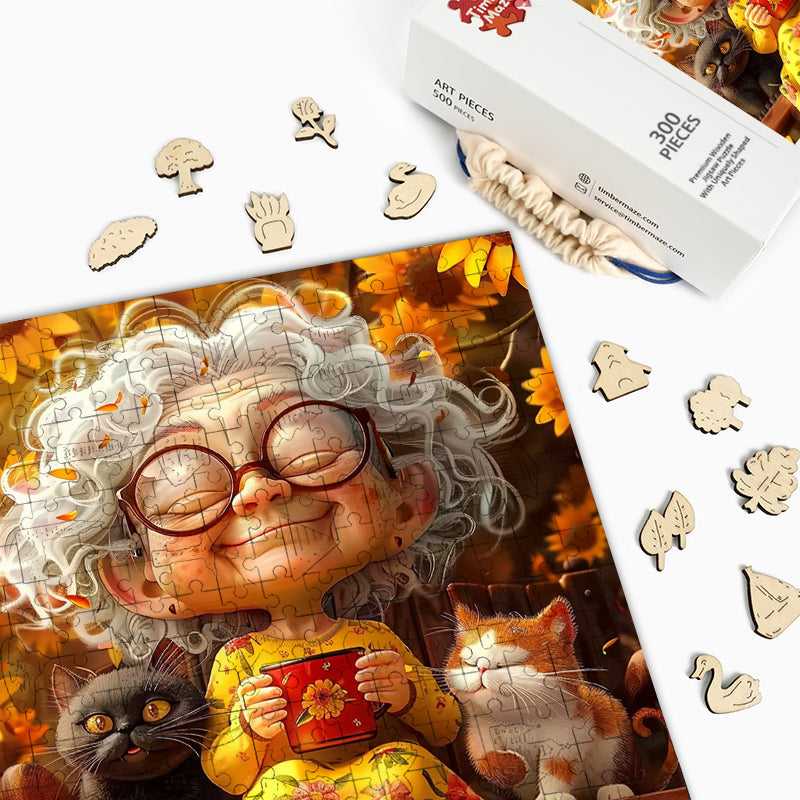 Autumn Lady with Cats - Wooden Jigsaw Puzzle