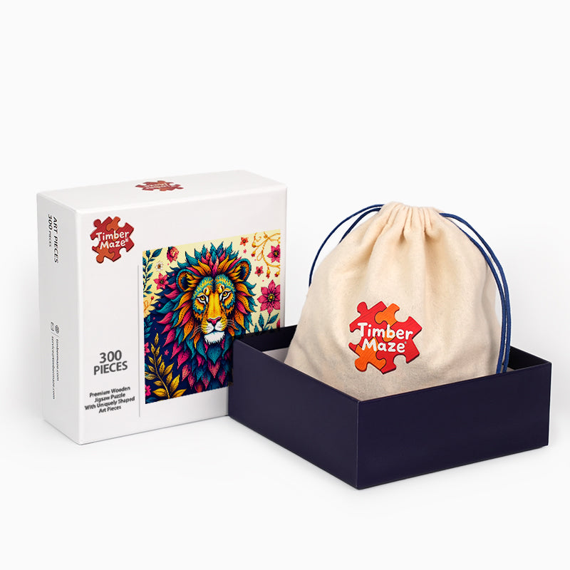 Vibrant Floral Lion - Wooden Jigsaw Puzzle