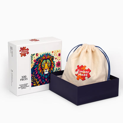 Vibrant Floral Lion - Wooden Jigsaw Puzzle