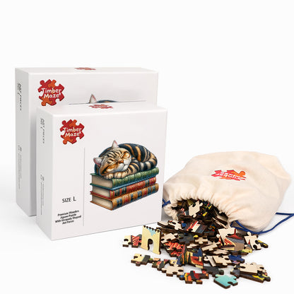Sleeping Cat on Vintage Books - Wooden Jigsaw Puzzle