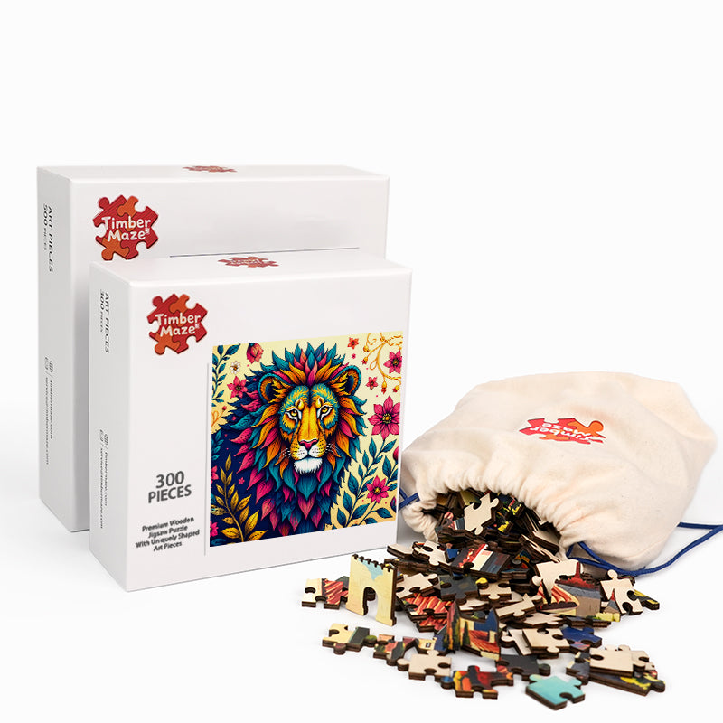 Vibrant Floral Lion - Wooden Jigsaw Puzzle