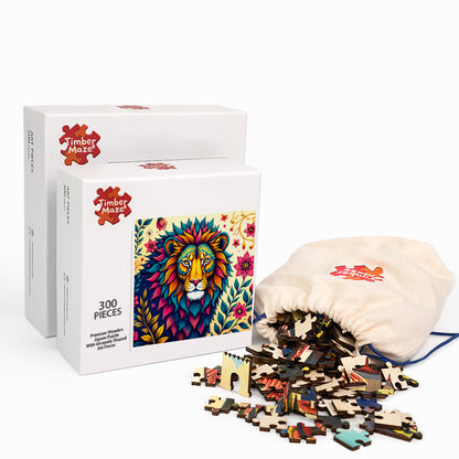 Vibrant Floral Lion - Wooden Jigsaw Puzzle