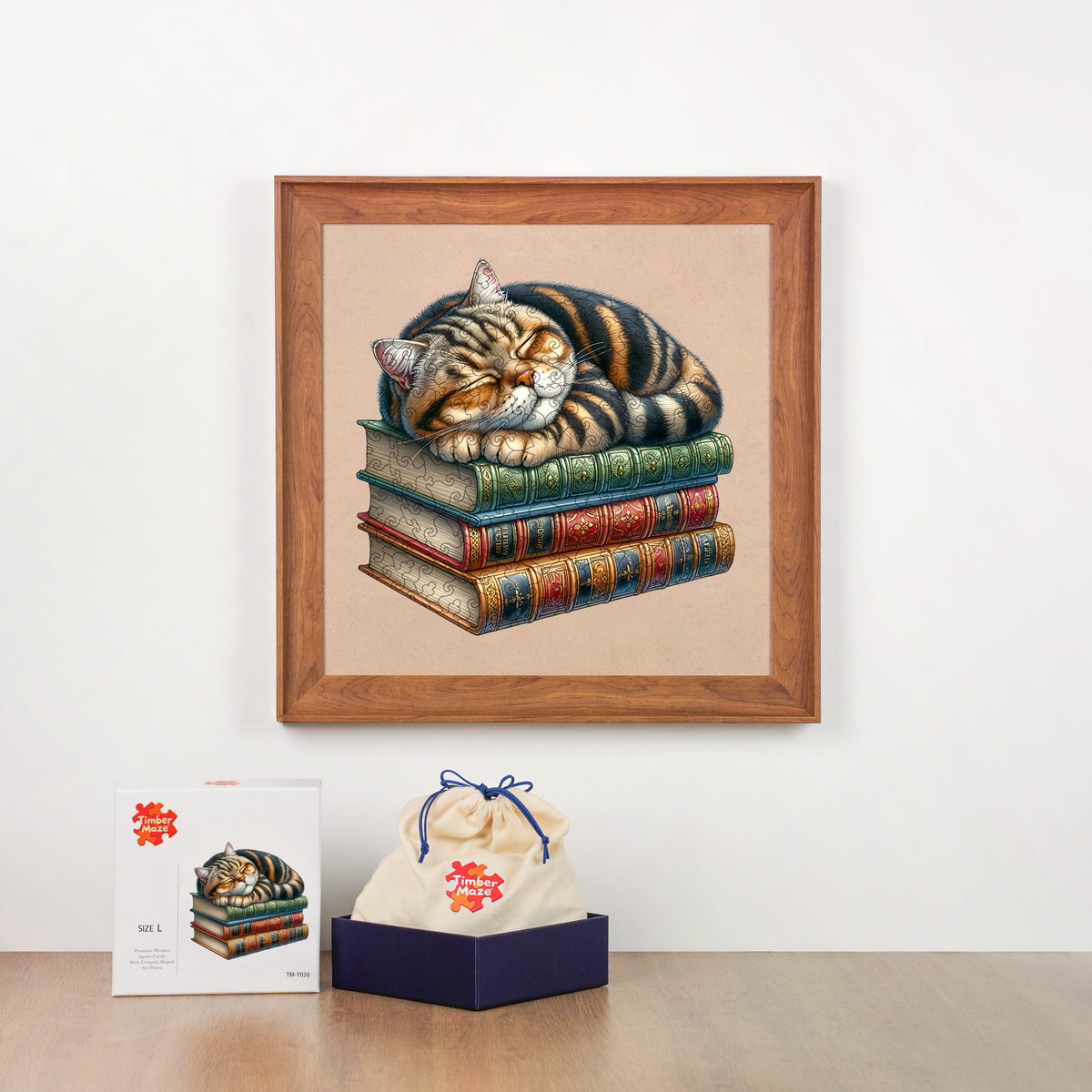 Sleeping Cat on Vintage Books - Wooden Jigsaw Puzzle