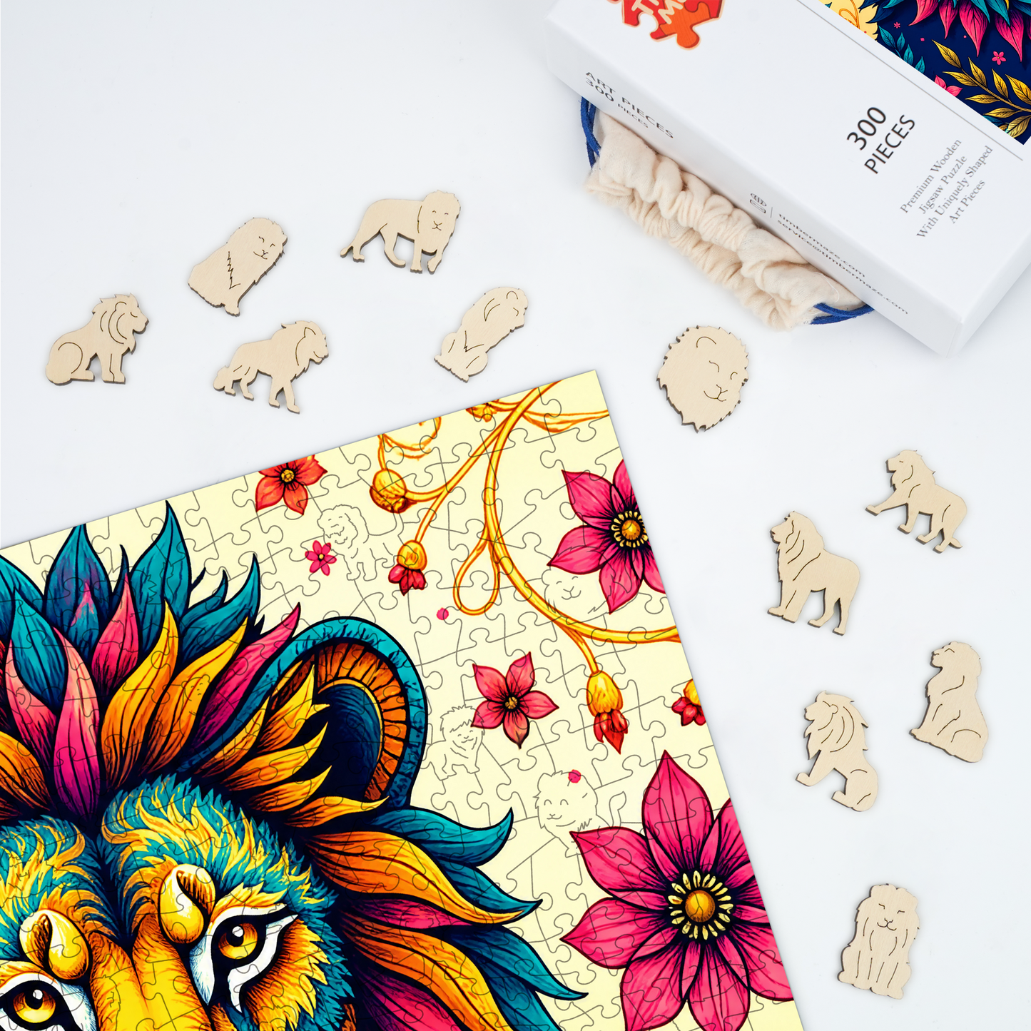 Vibrant Floral Lion - Wooden Jigsaw Puzzle