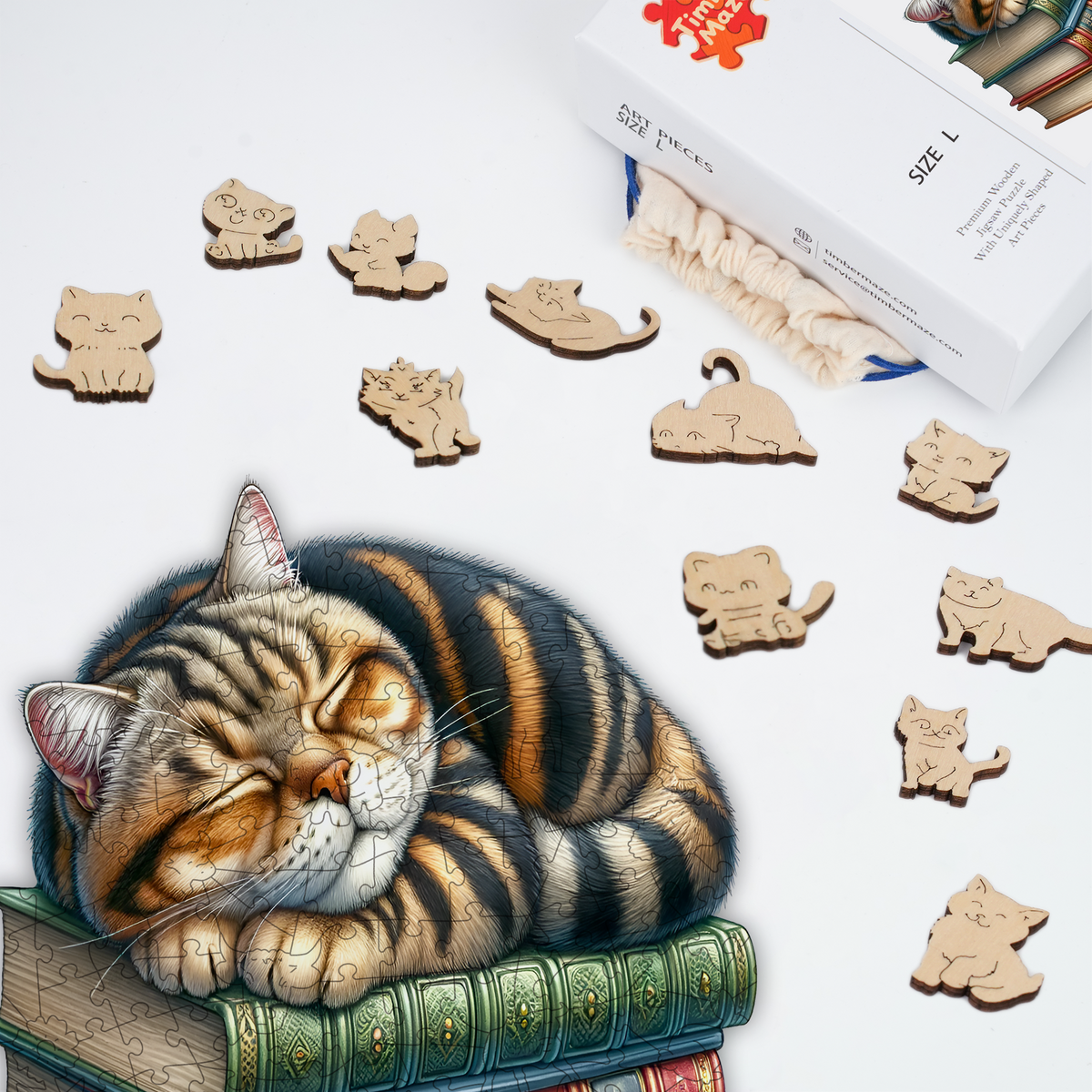 Sleeping Cat on Vintage Books - Wooden Jigsaw Puzzle