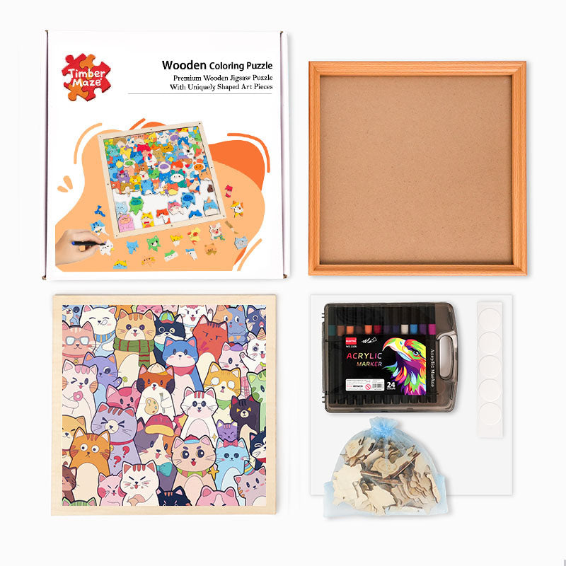 Whimsical Cats - Wooden Coloring Puzzle