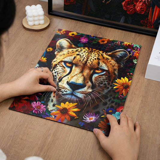 Leopard and Flowers - Wooden Jigsaw Puzzle