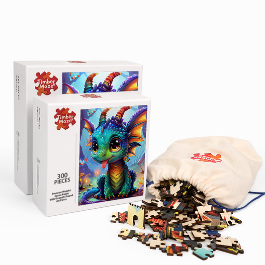 Playful Baby Dragon in Enchanted Forest - Wooden Jigsaw Puzzle