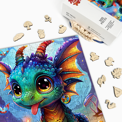 Playful Baby Dragon in Enchanted Forest - Wooden Jigsaw Puzzle