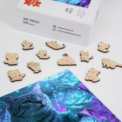 Blue Rose Cat - Wooden Jigsaw Puzzle