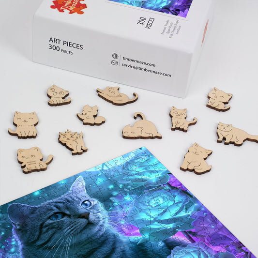 Blue Rose Cat - Wooden Jigsaw Puzzle