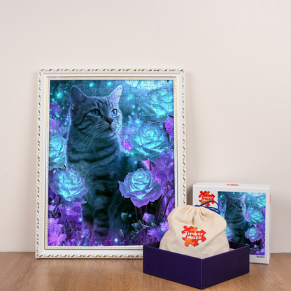 Blue Rose Cat - Wooden Jigsaw Puzzle