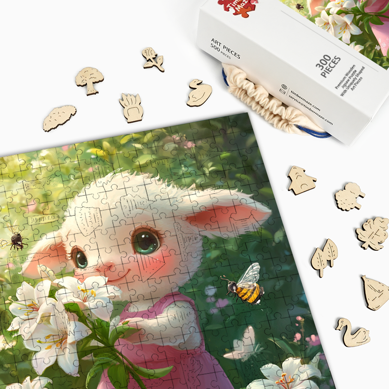 Cartoon Lamb Arranging Lilies - Wooden Jigsaw Puzzle
