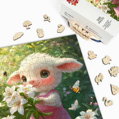 Cartoon Lamb Arranging Lilies - Wooden Jigsaw Puzzle