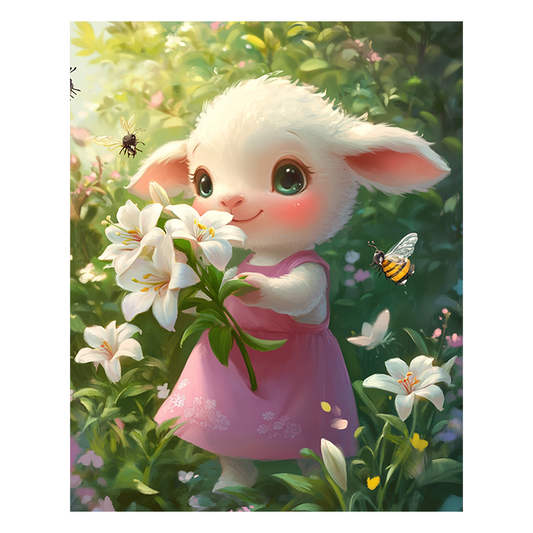 Cartoon Lamb Arranging Lilies - Wooden Jigsaw Puzzle