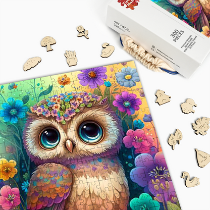 Cute fluffy baby owl - Wooden Jigsaw Puzzle