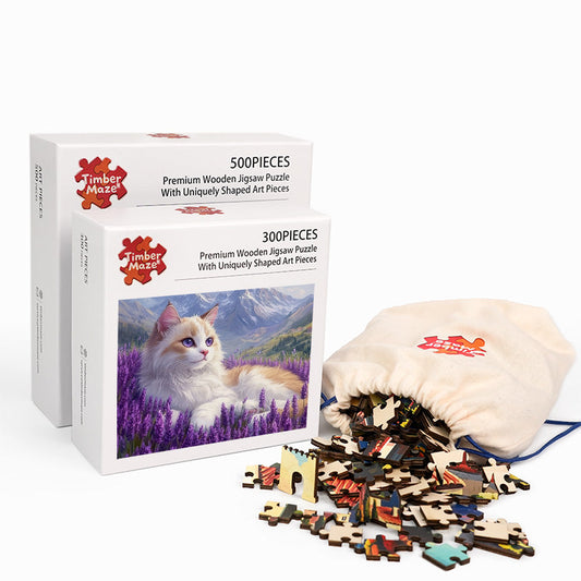 Ragdoll cat in lavender field - Wooden Jigsaw Puzzle
