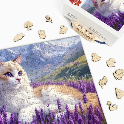 Ragdoll cat in lavender field - Wooden Jigsaw Puzzle