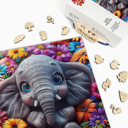 Baby Elephant with Flowers - Wooden Jigsaw Puzzle