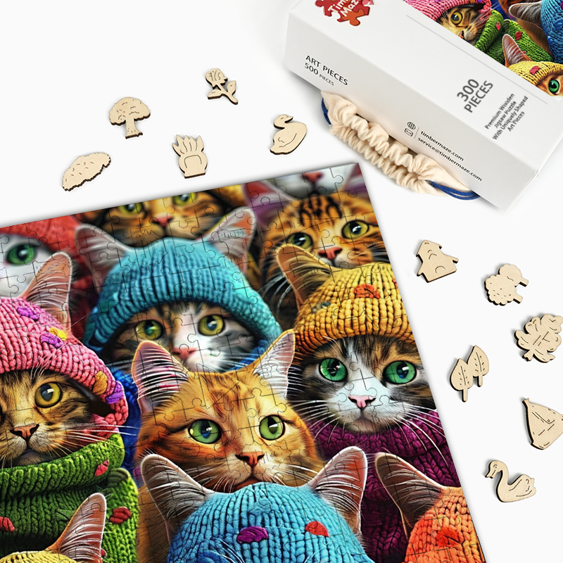 Cats in Knitted Hats - Wooden Jigsaw Puzzle