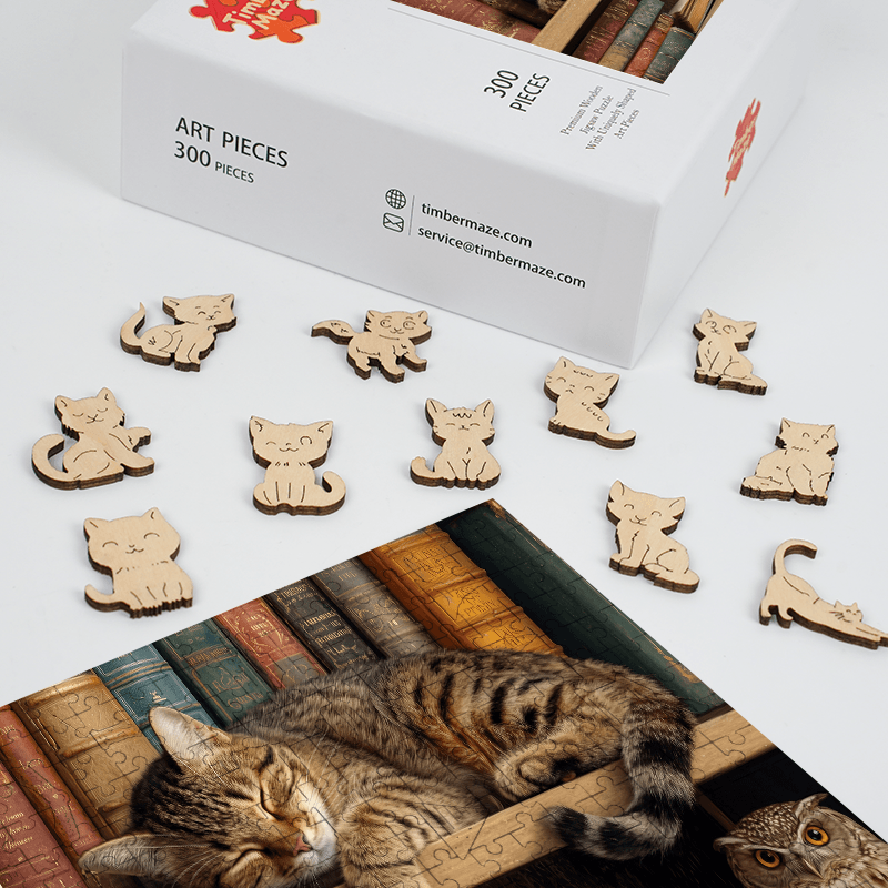 Cat on Bookshelf - Wooden Jigsaw Puzzle
