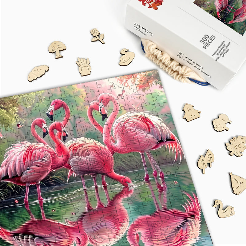 Flamingo Hearts - Wooden Jigsaw Puzzle