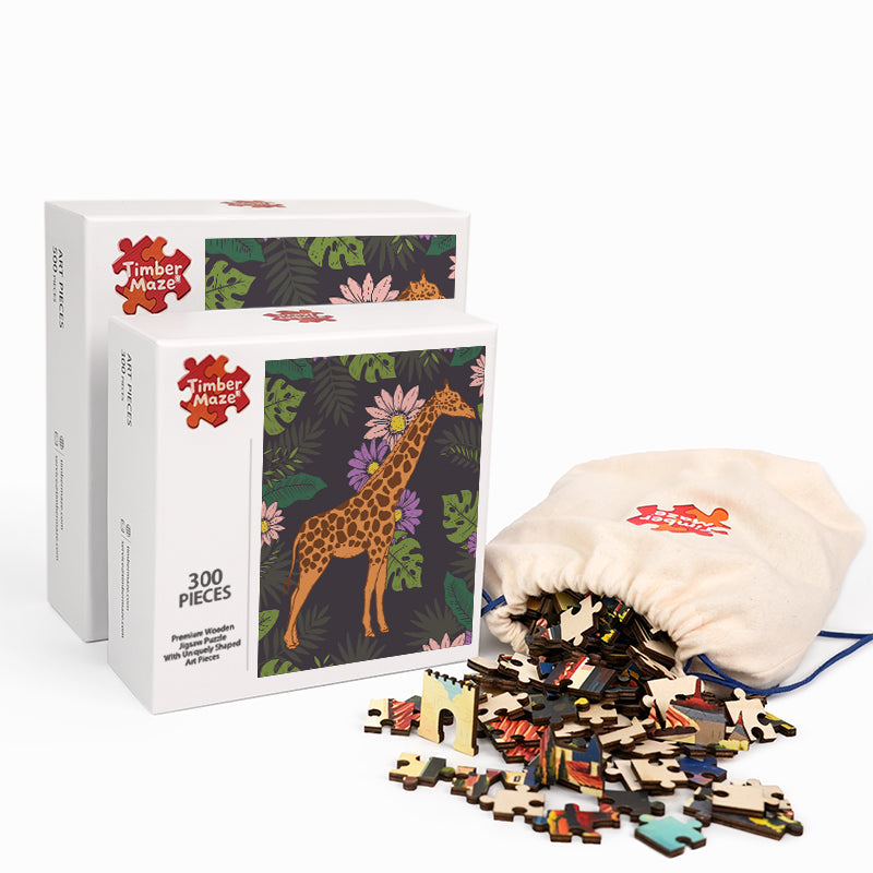 Tropical Giraffe Floral - Wooden Jigsaw Puzzle