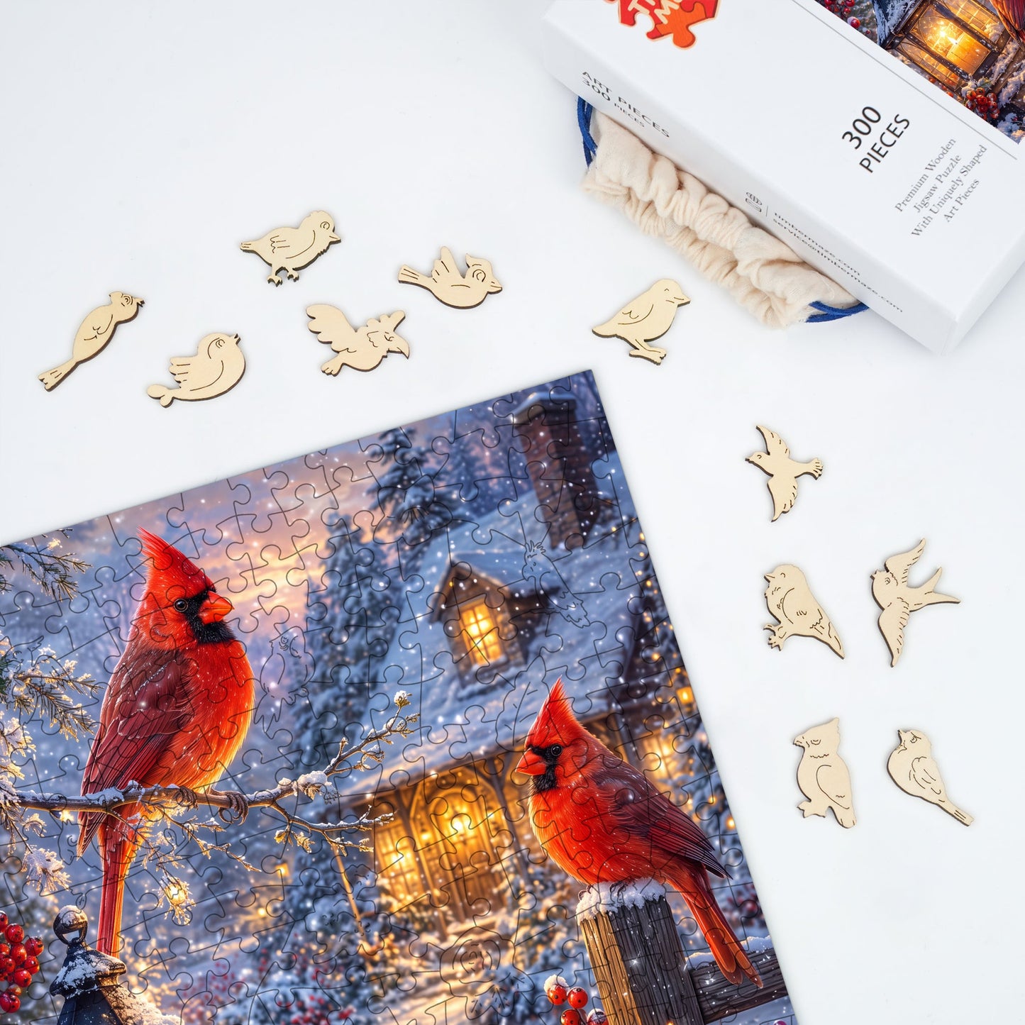 Winter Cardinal Cottage - Wooden Jigsaw Puzzle